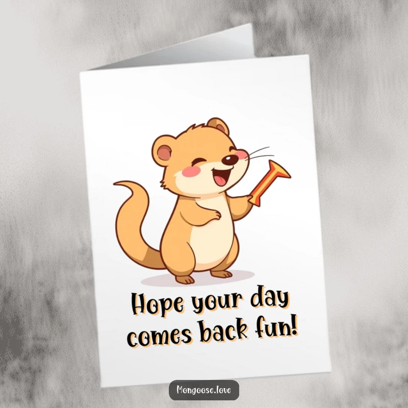 Funny Free Printable Mongoose Birthday Card: A happy mongoose spins a boomerang with its tail, celebrating a birthday.