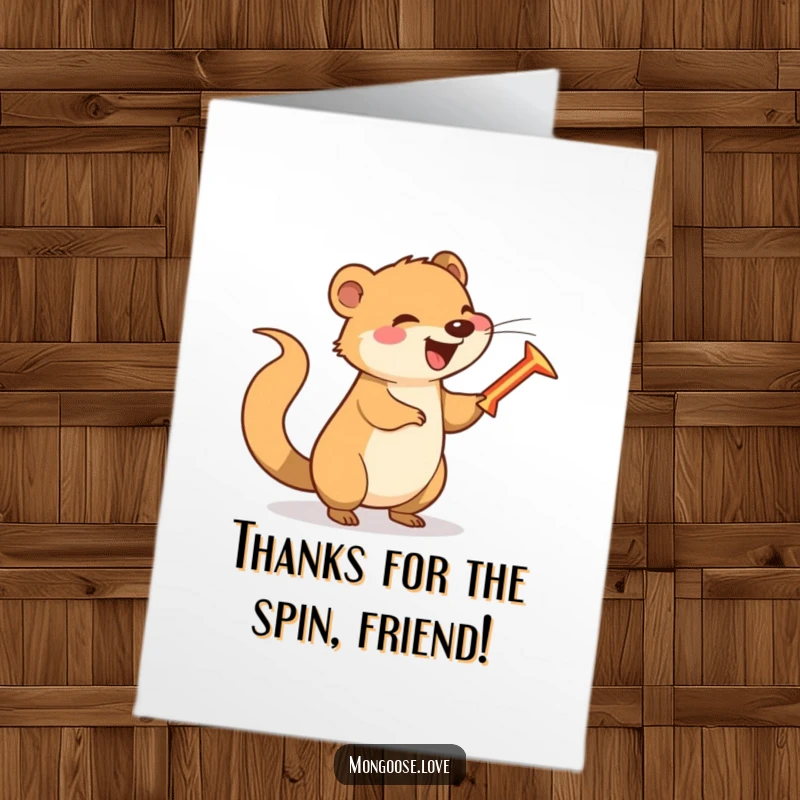 Funny Free Printable Mongoose Thank You Card: A happy mongoose spins a boomerang with its tail, saying thank you.