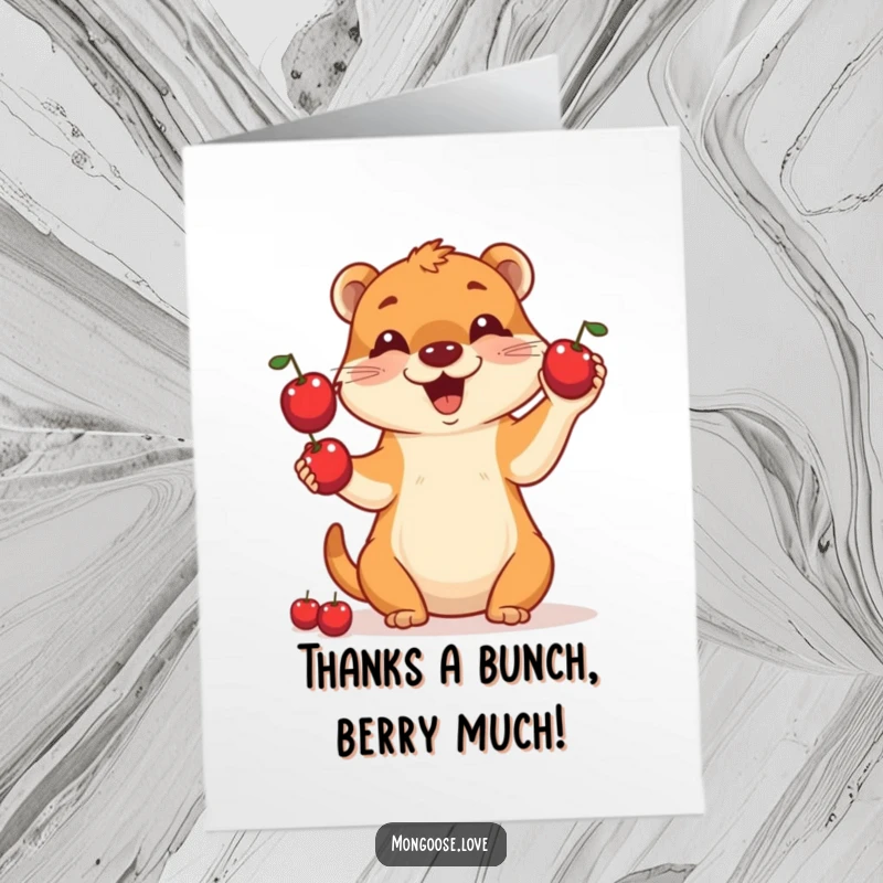 Funny Free Printable Thank You Card with a cute mongoose juggling berries, perfect for showing appreciation with humor.