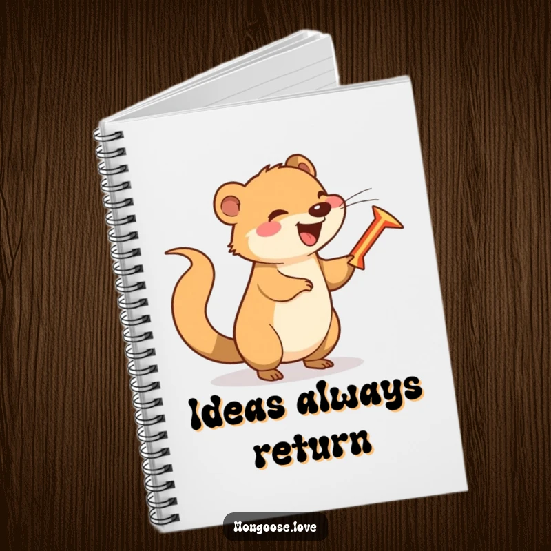 Funny happy mongoose spinning a boomerang with its tail, perfect for jotting playful thoughts.