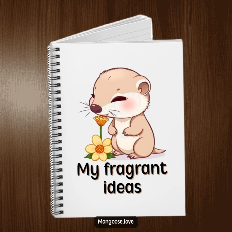 Funny curious mongoose sniffing a flower, nose twitching, for jotting down curious thoughts.