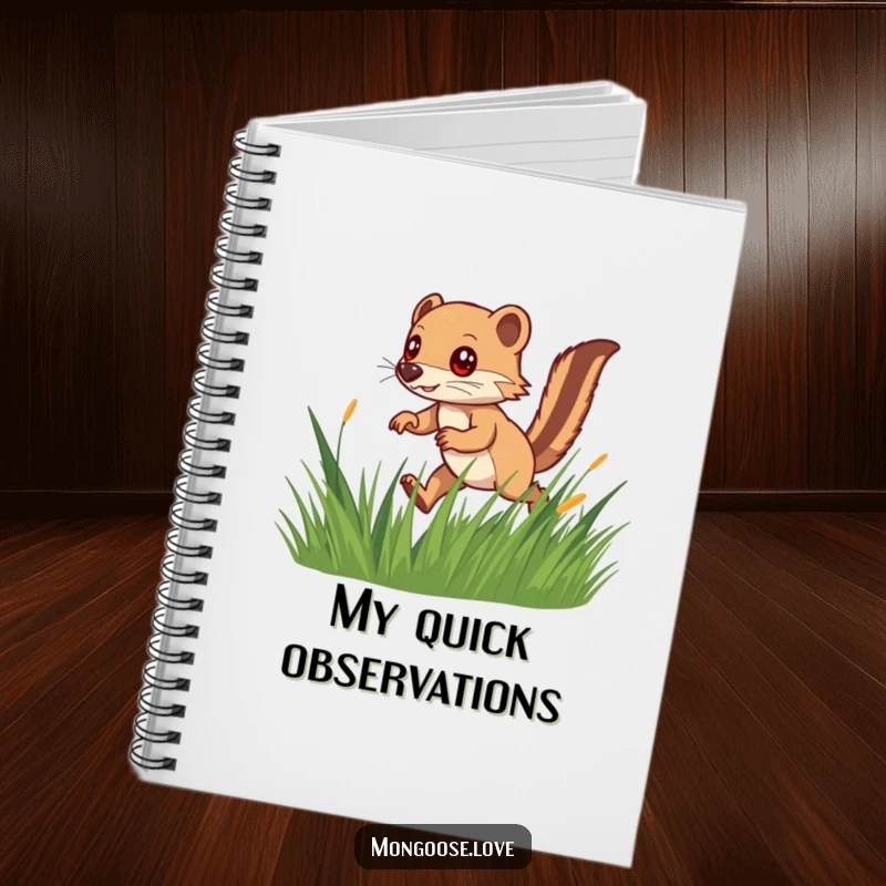 Funny notebook design featuring a speedy mongoose with a bushy tail hunting in tall grass, perfect for capturing quick thoughts.