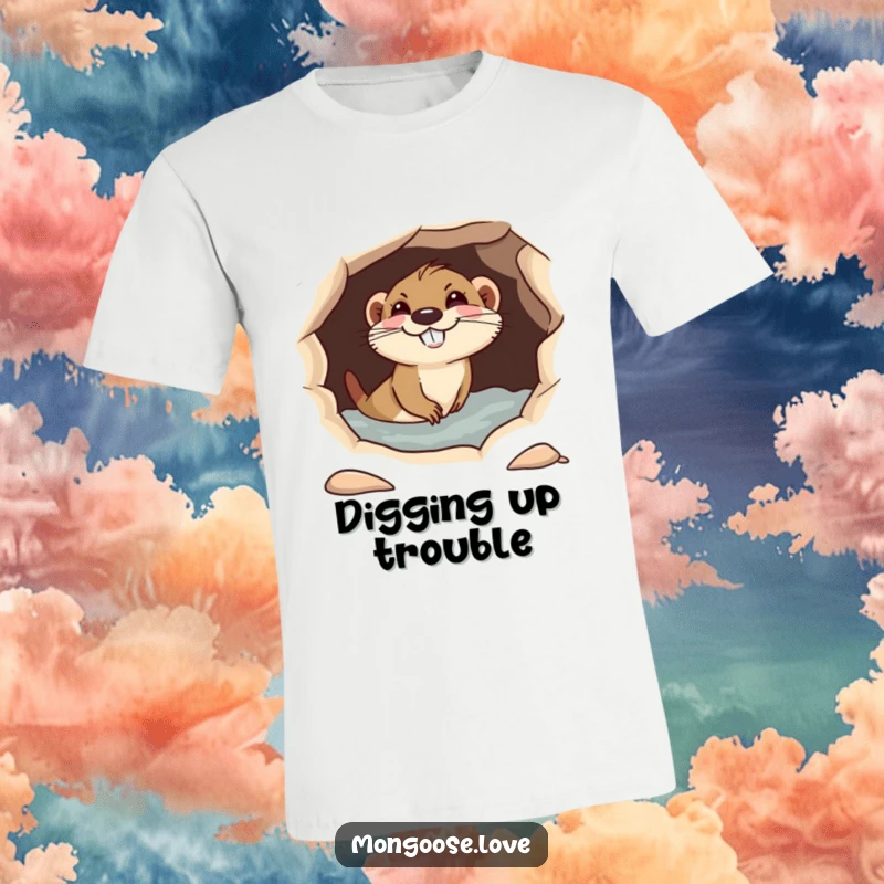 Funny playful mongoose diving into a hole, with a mischievous grin, a humorous t-shirt design.