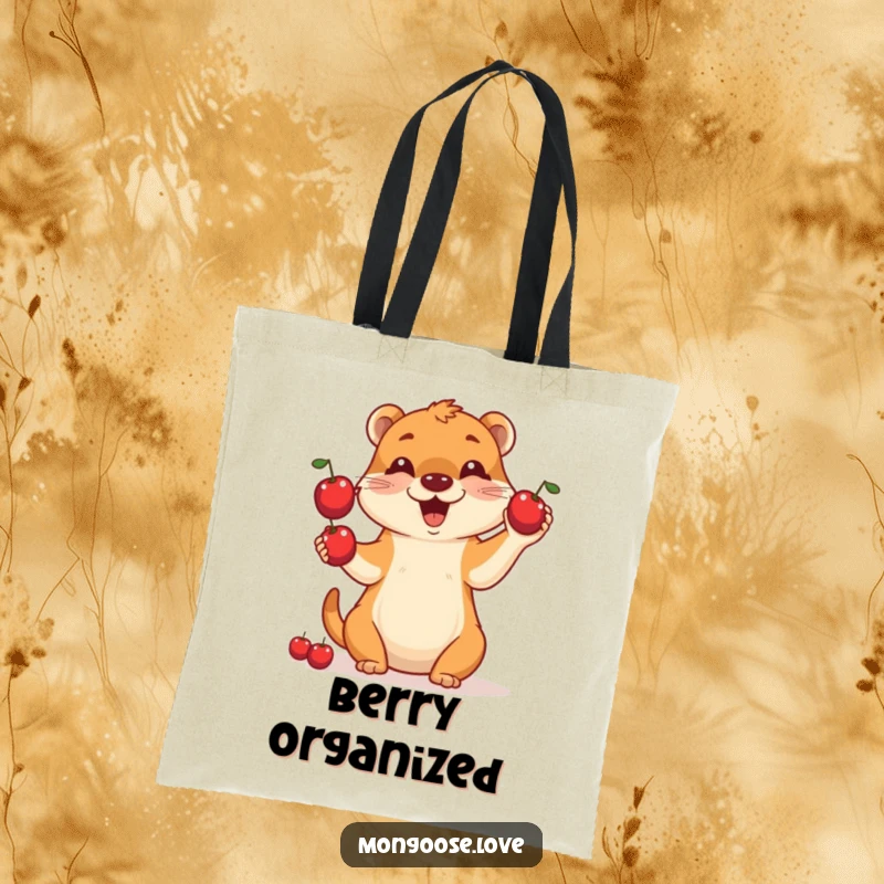 Funny canvas tote bag depicting a cheerful mongoose skillfully juggling three small red berries with a happy expression.