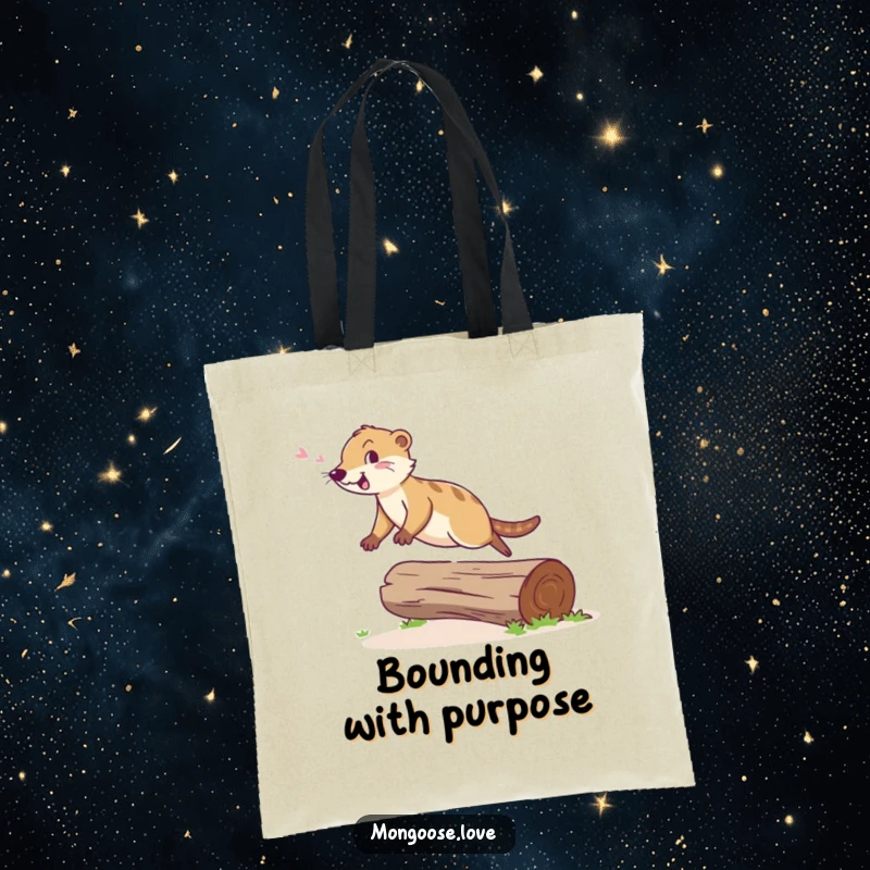 Funny Mongoose Tote Bag: A cheerful mongoose leaps agilely over a fallen log, a vibrant accessory.