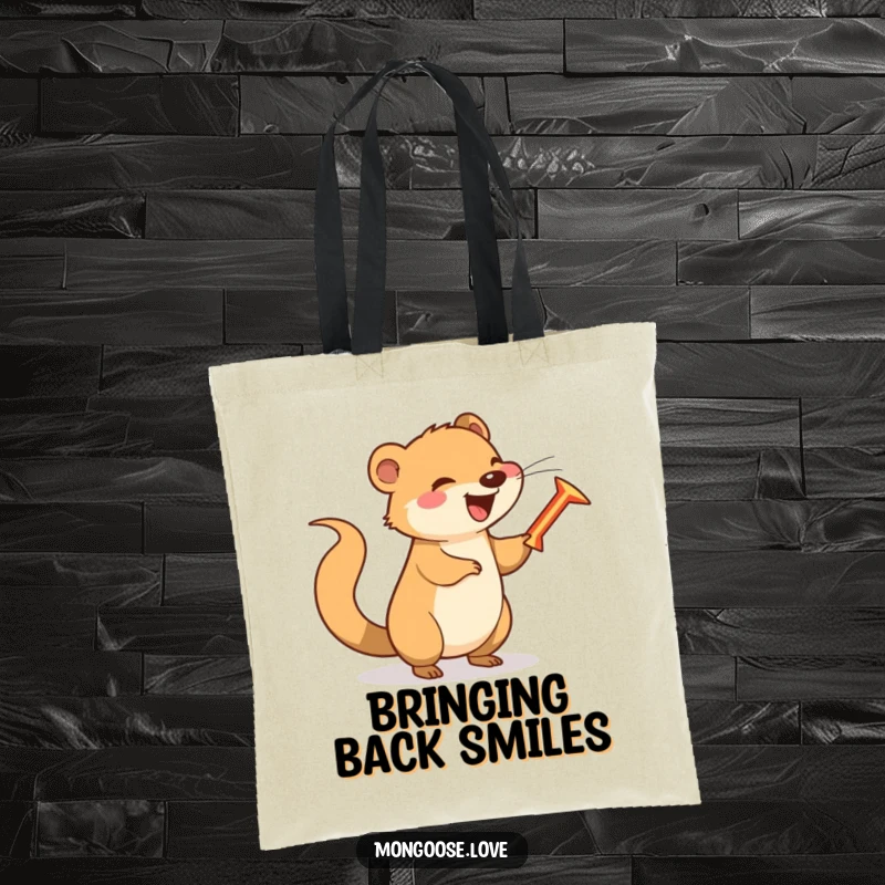 Funny happy mongoose spinning a boomerang with its tail, a humorous and practical tote.
