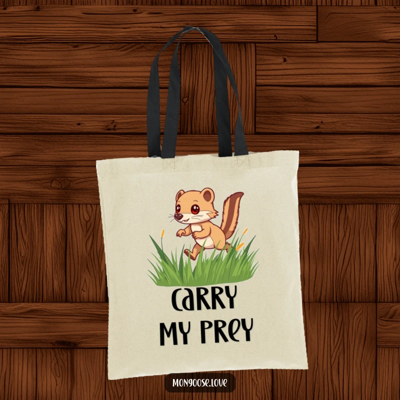 Funny tote bag featuring a fast mongoose with a bushy tail darting through grass, ready for any adventure with playful hunting energy.