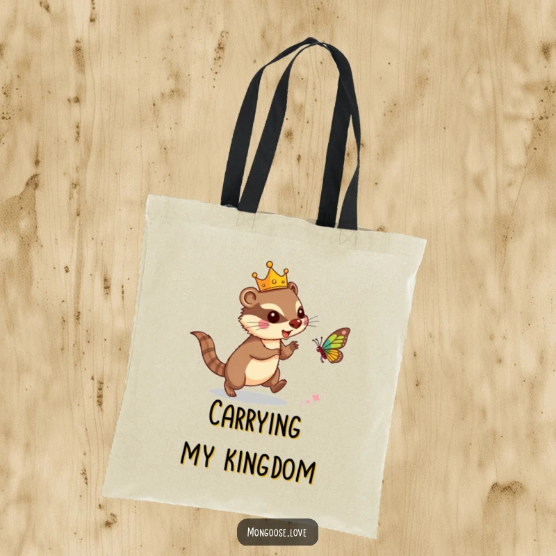 Funny mongoose tote bag, wearing a crown and chasing a butterfly, symbolizing regal style and utility. A practical and humorous accessory.