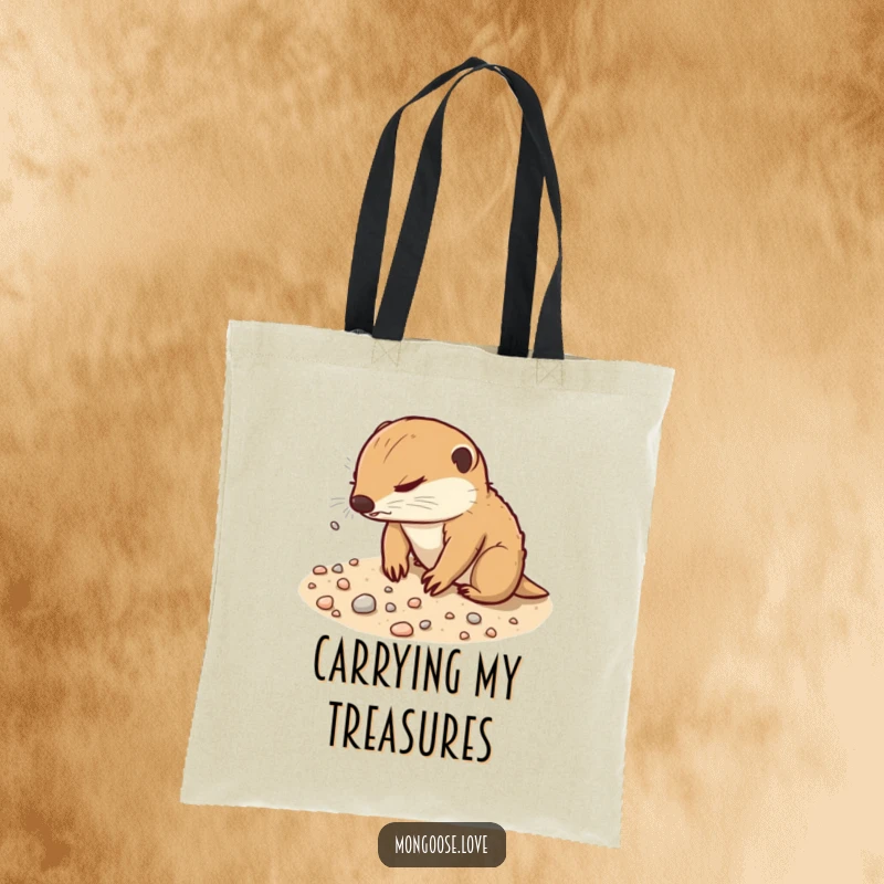 Funny Mongoose Tote Bag: A determined mongoose digs playfully in sandy soil, scattering pebbles, a sturdy bag.