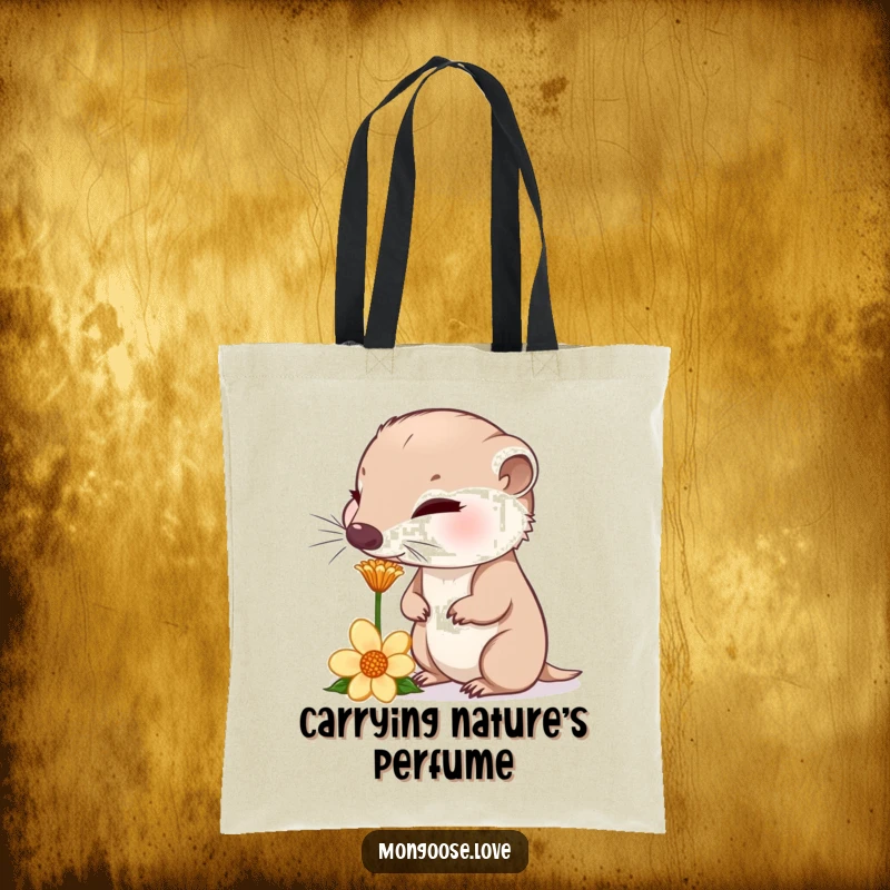 Funny curious mongoose sniffing a flower, nose twitching, a humorous and practical tote bag.