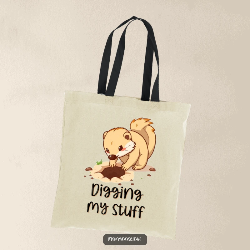 Funny canvas tote bag illustrating a determined mongoose energetically digging a hole using its swift little paws.