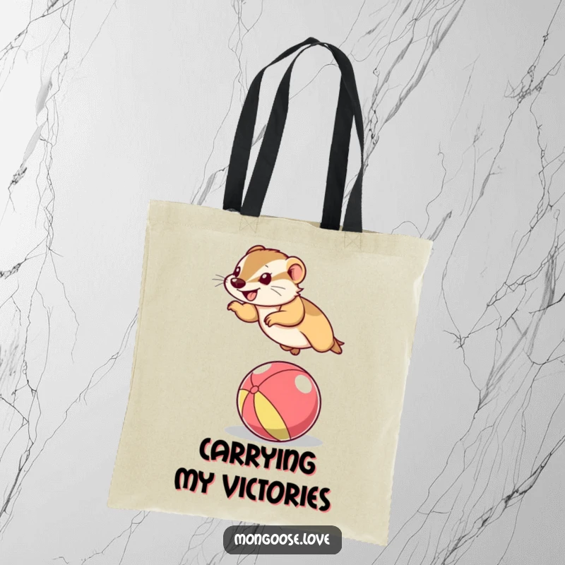 Funny Mongoose Tote Bag: A joyful mongoose soaring over a bright ball, a practical and funny gift accessory.