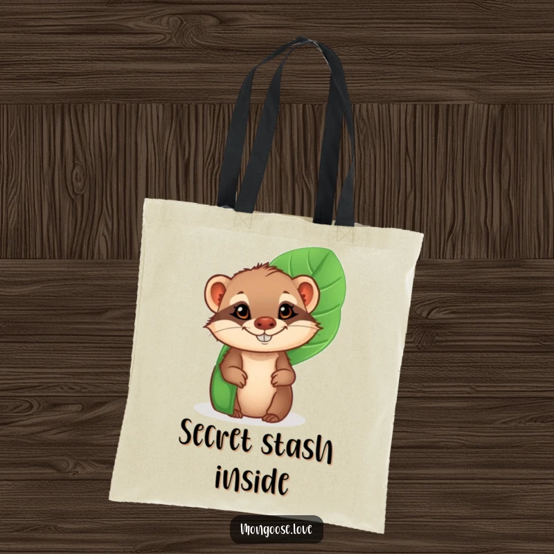 Funny Mongoose Tote Bag: A cheeky mongoose peeking with a grin from behind a tropical leaf, a stylish and humorous accessory.